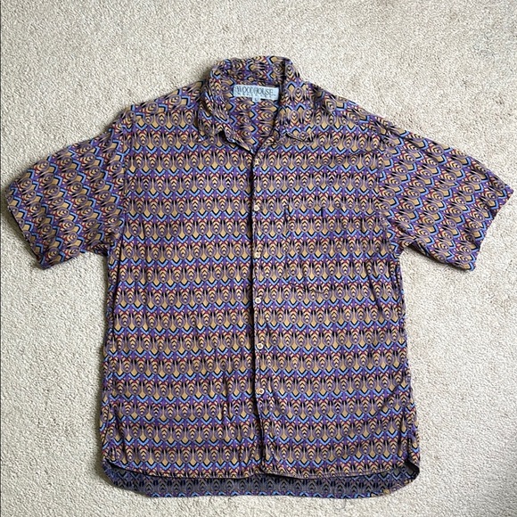 Woodhouse Blue and Brown Casual Button Down Shirt with Geometric Pattern - Picture 1 of 5